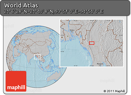 Gray Location Map of the Area around 21° 23' 18" N, 94° 25' 30" E, hill shading