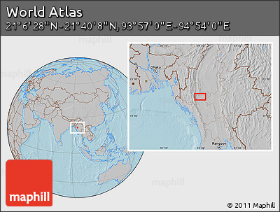 Gray Location Map of the Area around 21° 23' 18" N, 94° 25' 30" E, hill shading