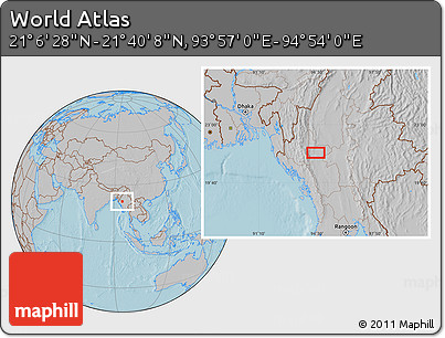 Gray Location Map of the Area around 21° 23' 18" N, 94° 25' 30" E, hill shading