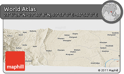 Shaded Relief Panoramic Map of the Area around 21° 23' 18" N, 94° 25' 30" E