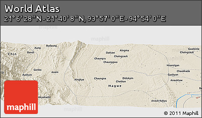 Shaded Relief Panoramic Map of the Area around 21° 23' 18" N, 94° 25' 30" E