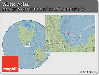 Savanna Style Location Map of the Area around 21° 23' 18" N, 95° 7' 30" W, hill shading