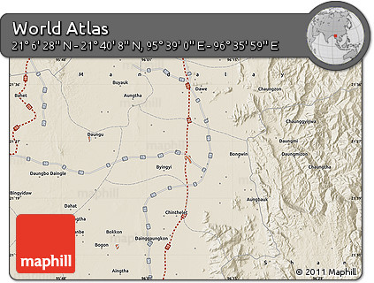 Shaded Relief Map of the Area around 21° 23' 18" N, 96° 7' 30" E