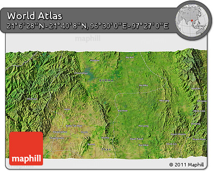 Satellite 3D Map of the Area around 21° 23' 18" N, 96° 58' 29" E