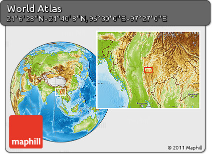 Physical Location Map of the Area around 21° 23' 18" N, 96° 58' 29" E