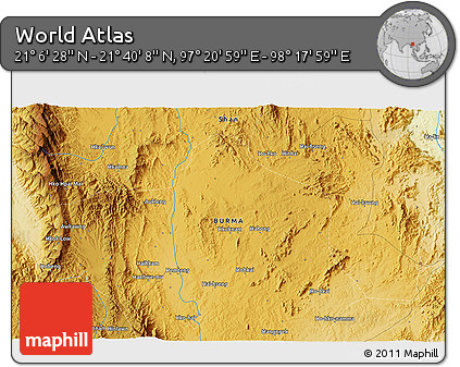 Physical 3D Map of the Area around 21° 23' 18" N, 97° 49' 29" E