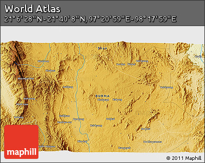 Physical 3D Map of the Area around 21° 23' 18" N, 97° 49' 29" E