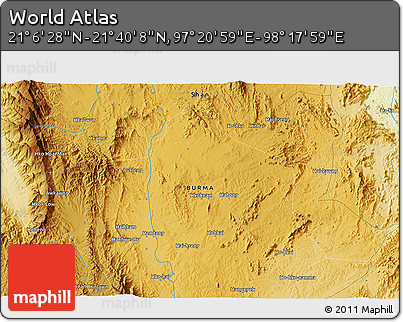 Physical 3D Map of the Area around 21° 23' 18" N, 97° 49' 29" E