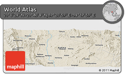 Shaded Relief Panoramic Map of the Area around 21° 23' 18" N, 97° 49' 29" E