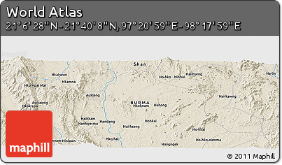 Shaded Relief Panoramic Map of the Area around 21° 23' 18" N, 97° 49' 29" E