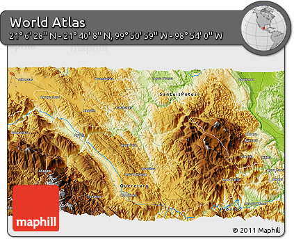 Physical 3D Map of the Area around 21° 23' 18" N, 99° 22' 30" W