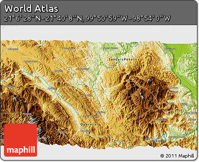 Physical 3D Map of the Area around 21° 23' 18" N, 99° 22' 30" W