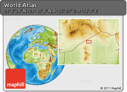 Physical Location Map of the Area around 21° 23' 18" N, 9° 25' 30" E