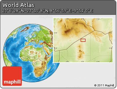 Physical Location Map of the Area around 21° 23' 18" N, 9° 25' 30" E
