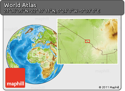 Physical Location Map of the Area around 21° 53' 23" N, 0° 4' 30" E