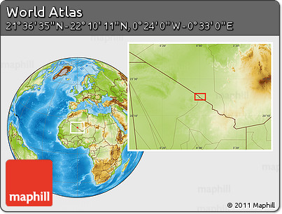 Physical Location Map of the Area around 21° 53' 23" N, 0° 4' 30" E