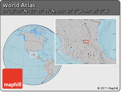 Gray Location Map of the Area around 21° 53' 23" N, 100° 13' 29" W, hill shading