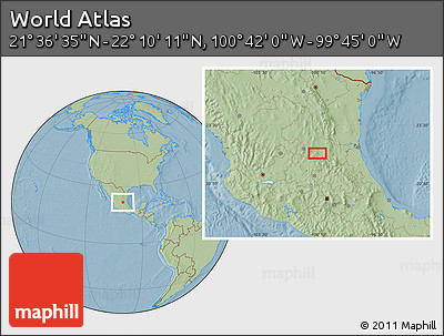 Savanna Style Location Map of the Area around 21° 53' 23" N, 100° 13' 29" W, hill shading