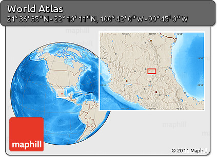 Shaded Relief Location Map of the Area around 21° 53' 23" N, 100° 13' 29" W