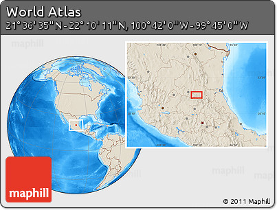 Shaded Relief Location Map of the Area around 21° 53' 23" N, 100° 13' 29" W