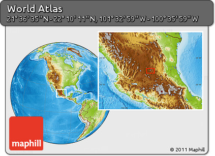 Physical Location Map of the Area around 21° 53' 23" N, 101° 4' 29" W
