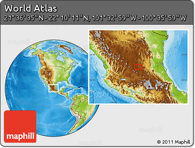 Physical Location Map of the Area around 21° 53' 23" N, 101° 4' 29" W