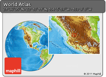 Physical Location Map of the Area around 21° 53' 23" N, 103° 37' 30" W