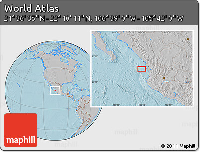 Gray Location Map of the Area around 21° 53' 23" N, 106° 10' 30" W, hill shading