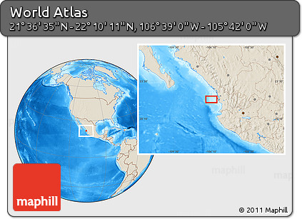 Shaded Relief Location Map of the Area around 21° 53' 23" N, 106° 10' 30" W