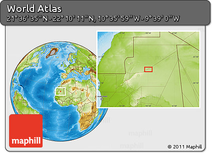Physical Location Map of the Area around 21° 53' 23" N, 10° 7' 30" W