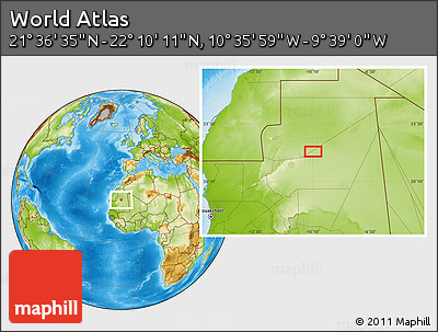 Physical Location Map of the Area around 21° 53' 23" N, 10° 7' 30" W