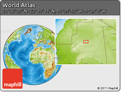 Physical Location Map of the Area around 21° 53' 23" N, 10° 7' 30" W