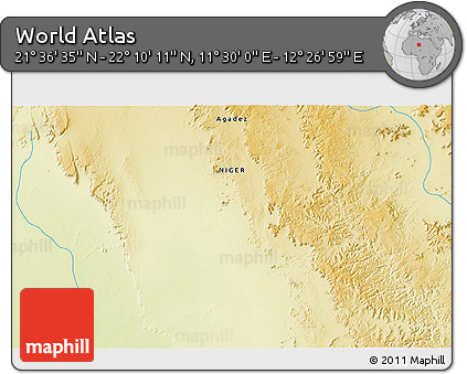 Physical 3D Map of the Area around 21° 53' 23" N, 11° 58' 29" E