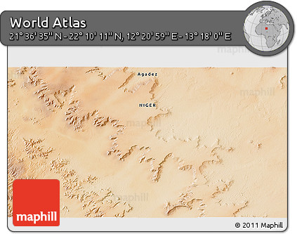Satellite 3D Map of the Area around 21° 53' 23" N, 12° 49' 29" E