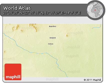 Physical 3D Map of the Area around 21° 53' 23" N, 13° 40' 30" E