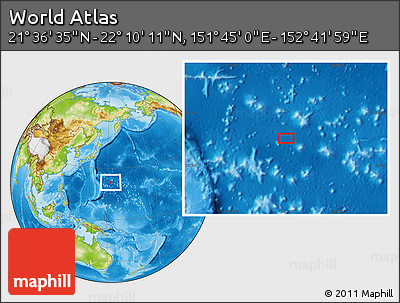 Physical Location Map of the Area around 21° 53' 23" N, 152° 13' 29" E