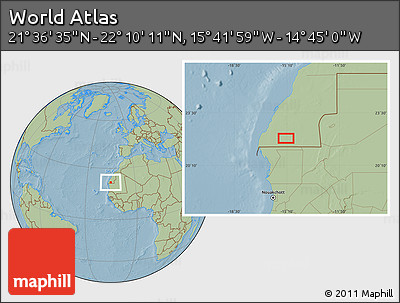 Savanna Style Location Map of the Area around 21° 53' 23" N, 15° 13' 29" W, hill shading