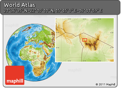 Physical Location Map of the Area around 21° 53' 23" N, 16° 13' 30" E