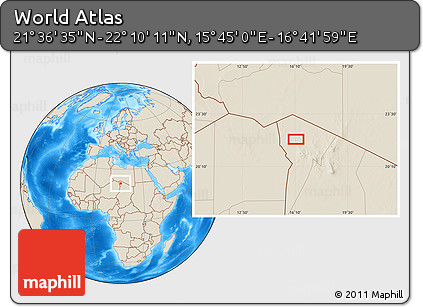Shaded Relief Location Map of the Area around 21° 53' 23" N, 16° 13' 30" E