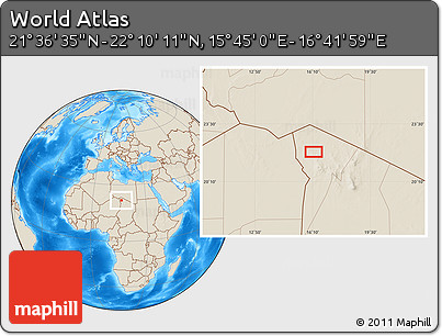 Shaded Relief Location Map of the Area around 21° 53' 23" N, 16° 13' 30" E