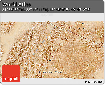 Satellite 3D Map of the Area around 21° 53' 23" N, 18° 46' 29" E