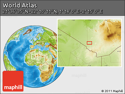 Physical Location Map of the Area around 21° 53' 23" N, 1° 46' 29" E