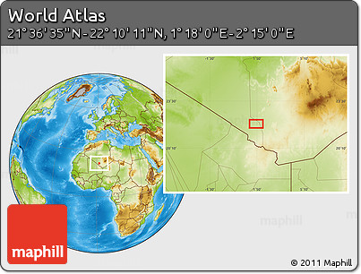 Physical Location Map of the Area around 21° 53' 23" N, 1° 46' 29" E