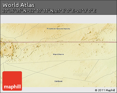 Physical 3D Map of the Area around 21° 53' 23" N, 25° 34' 30" E