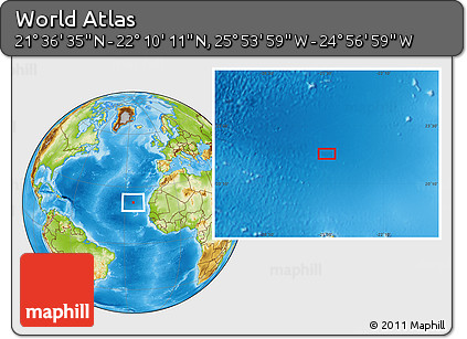 Physical Location Map of the Area around 21° 53' 23" N, 25° 25' 29" W