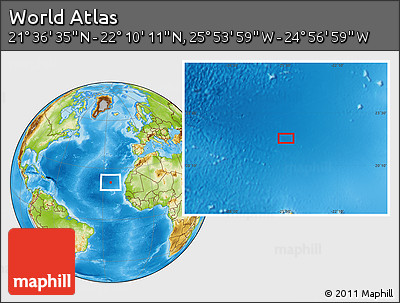 Physical Location Map of the Area around 21° 53' 23" N, 25° 25' 29" W