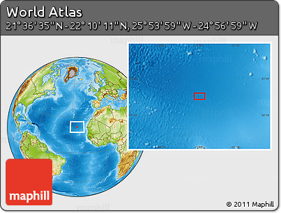 Physical Location Map of the Area around 21° 53' 23" N, 25° 25' 29" W