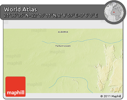 Physical 3D Map of the Area around 21° 53' 23" N, 2° 37' 30" E