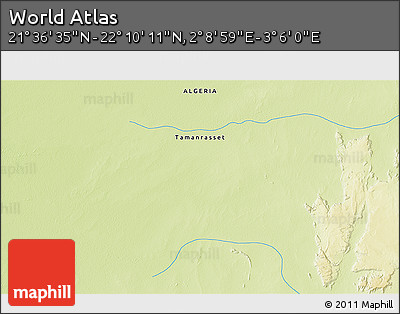 Physical 3D Map of the Area around 21° 53' 23" N, 2° 37' 30" E