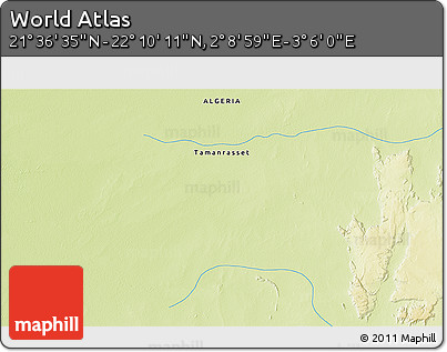 Physical 3D Map of the Area around 21° 53' 23" N, 2° 37' 30" E